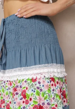 Biało-Niebieska Jeansowa Bawełniana Spódnica High Waist z Gumką w Talii i Ozdobną Koronką Tesaquin