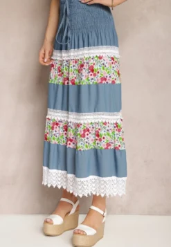 Biało-Niebieska Jeansowa Bawełniana Spódnica High Waist z Gumką w Talii i Ozdobną Koronką Tesaquin