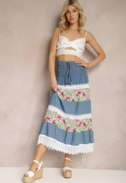Biało-Niebieska Jeansowa Bawełniana Spódnica High Waist z Gumką w Talii i Ozdobną Koronką Tesaquin