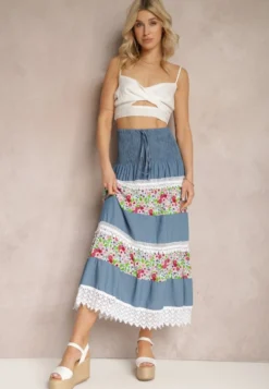 Biało-Niebieska Jeansowa Bawełniana Spódnica High Waist z Gumką w Talii i Ozdobną Koronką Tesaquin