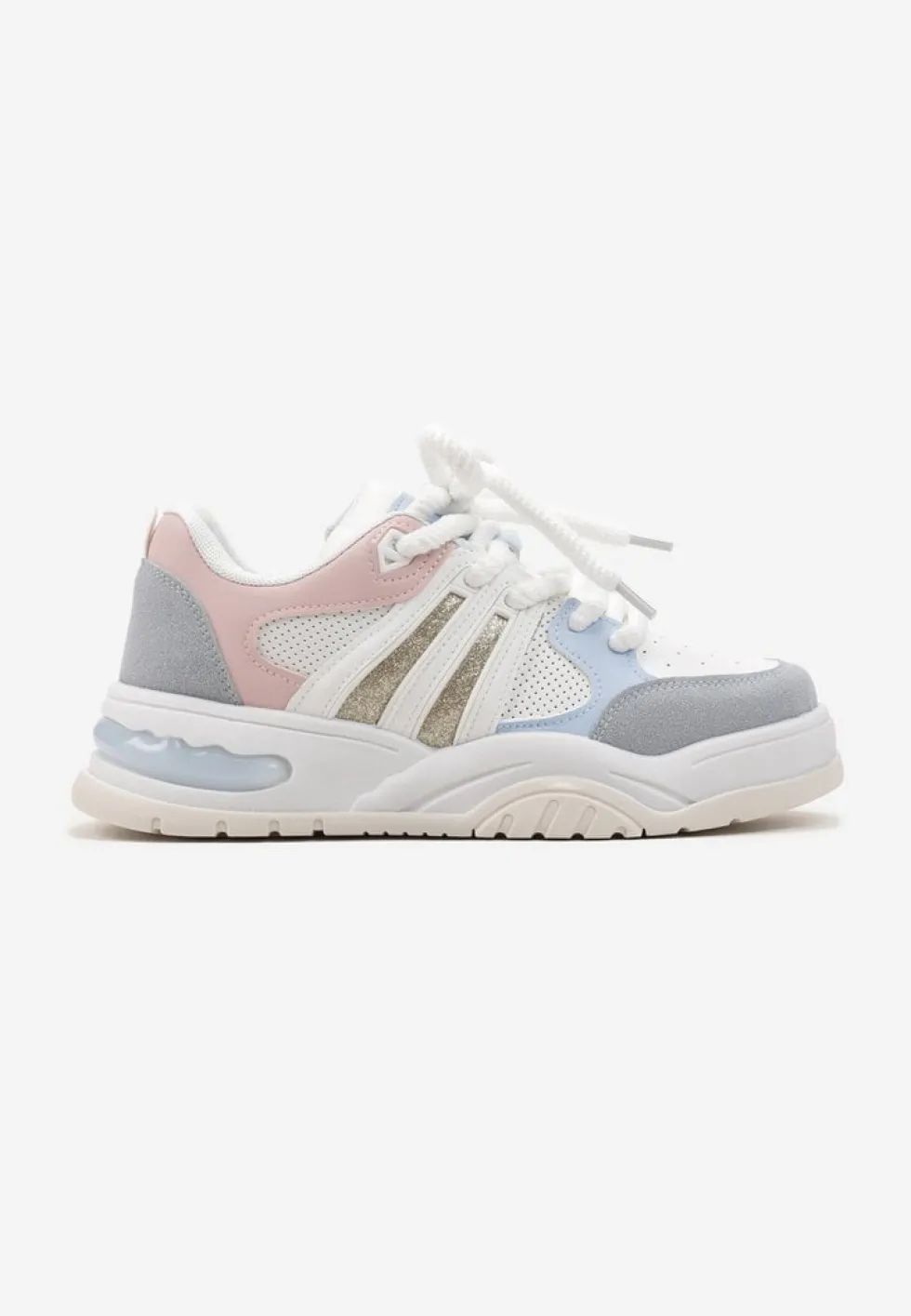 Biało-Niebieskie Sneakersy na Grubej Podeszwie z Brokatem Lenema