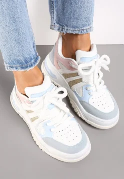 Biało-Niebieskie Sneakersy na Grubej Podeszwie z Brokatem Lenema