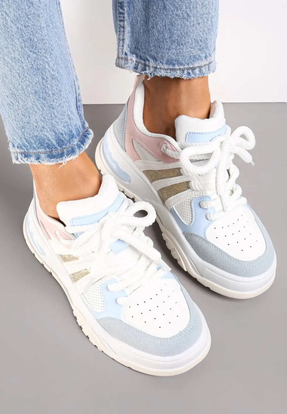 Biało-Niebieskie Sneakersy na Grubej Podeszwie z Brokatem Lenema