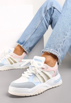 Biało-Niebieskie Sneakersy na Grubej Podeszwie z Brokatem Lenema