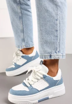 Biało-Niebieskie Sneakersy na Platformie Wiązane na Szerokie Sznurowadła Viletra