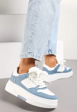 Biało-Niebieskie Sneakersy na Platformie Wiązane na Szerokie Sznurowadła Viletra