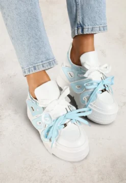 Biało-Niebieskie Sneakersy Vices na Płaskiej Podeszwie z Geometryczną Aplikacją Nelenith