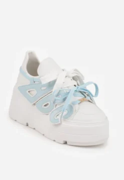 Biało-Niebieskie Sneakersy Vices na Płaskiej Podeszwie z Geometryczną Aplikacją Nelenith