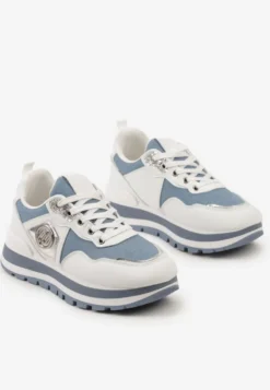 Biało-Niebieskie Sneakersy ze Sznurowaniami i Ozdobną Aplikacją Jatina