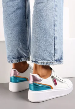 Biało-Niebieskie Sneakersy z Ozdobnym Suwakiem i Platformą Iolanna