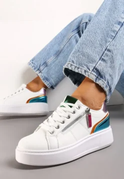 Biało-Niebieskie Sneakersy z Ozdobnym Suwakiem i Platformą Iolanna