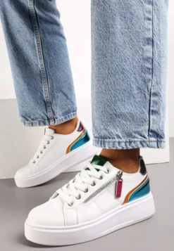 Biało-Niebieskie Sneakersy z Ozdobnym Suwakiem i Platformą Iolanna