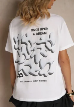 Biało-Niebieski T-shirt z Bawełny Ozdobiony Nadrukiem Adneria