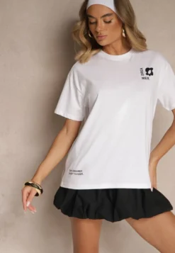 Biało-Niebieski T-shirt z Bawełny Ozdobiony Nadrukiem Adneria