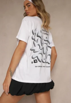 Biało-Niebieski T-shirt z Bawełny Ozdobiony Nadrukiem Adneria