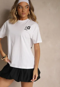 Biało-Niebieski T-shirt z Bawełny Ozdobiony Nadrukiem Adneria