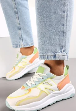 Biało-Pomarańczowe Sneakersy Przed Kostkę Zdobione Przeszyciami Flallesi