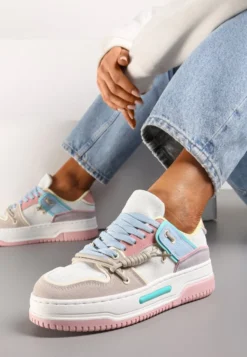 Biało-Różowe Sneakersy na Platformie z Ozdobnymi Sznurówkami Aqara