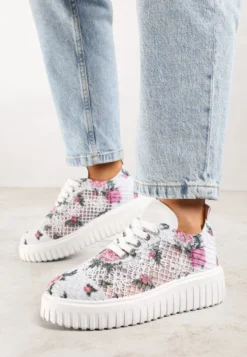 Biało-Różowe Sneakersy Vices na Platformie z Ażurową Cholewką Lumerise
