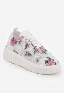 Biało-Różowe Sneakersy Vices na Platformie z Ażurową Cholewką Lumerise