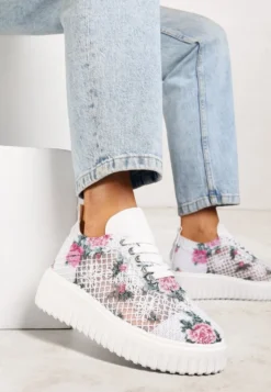 Biało-Różowe Sneakersy Vices na Platformie z Ażurową Cholewką Lumerise