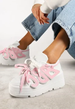 Biało-Różowe Sneakersy Vices na Płaskiej Podeszwie z Geometryczną Aplikacją Nelenith