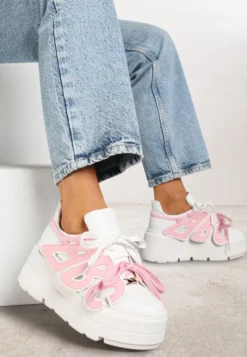 Biało-Różowe Sneakersy Vices na Płaskiej Podeszwie z Geometryczną Aplikacją Nelenith