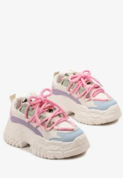 Biało-Różowe Sneakersy z Grubymi Sznurówkami na Niskiej Platformie Lasandre