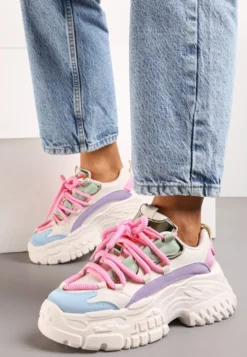 Biało-Różowe Sneakersy z Grubymi Sznurówkami na Niskiej Platformie Lasandre