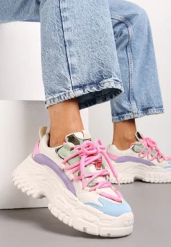 Biało-Różowe Sneakersy z Grubymi Sznurówkami na Niskiej Platformie Lasandre