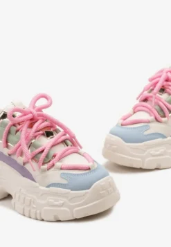 Biało-Różowe Sneakersy z Grubymi Sznurówkami na Niskiej Platformie Lasandre