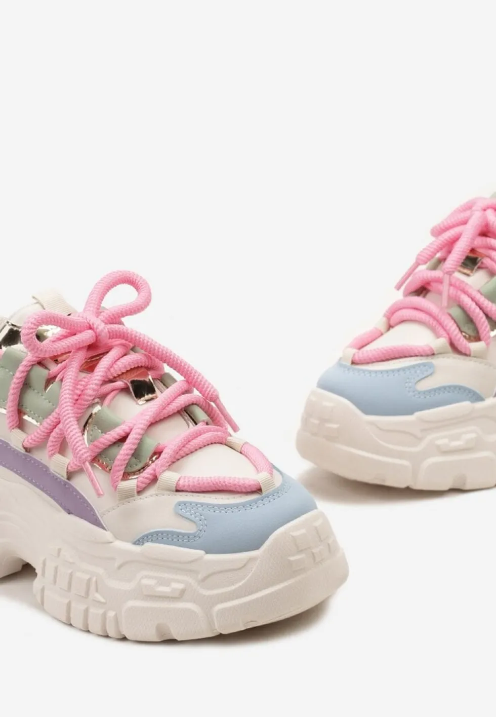 Biało-Różowe Sneakersy z Grubymi Sznurówkami na Niskiej Platformie Lasandre