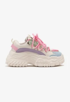 Biało-Różowe Sneakersy z Grubymi Sznurówkami na Niskiej Platformie Lasandre