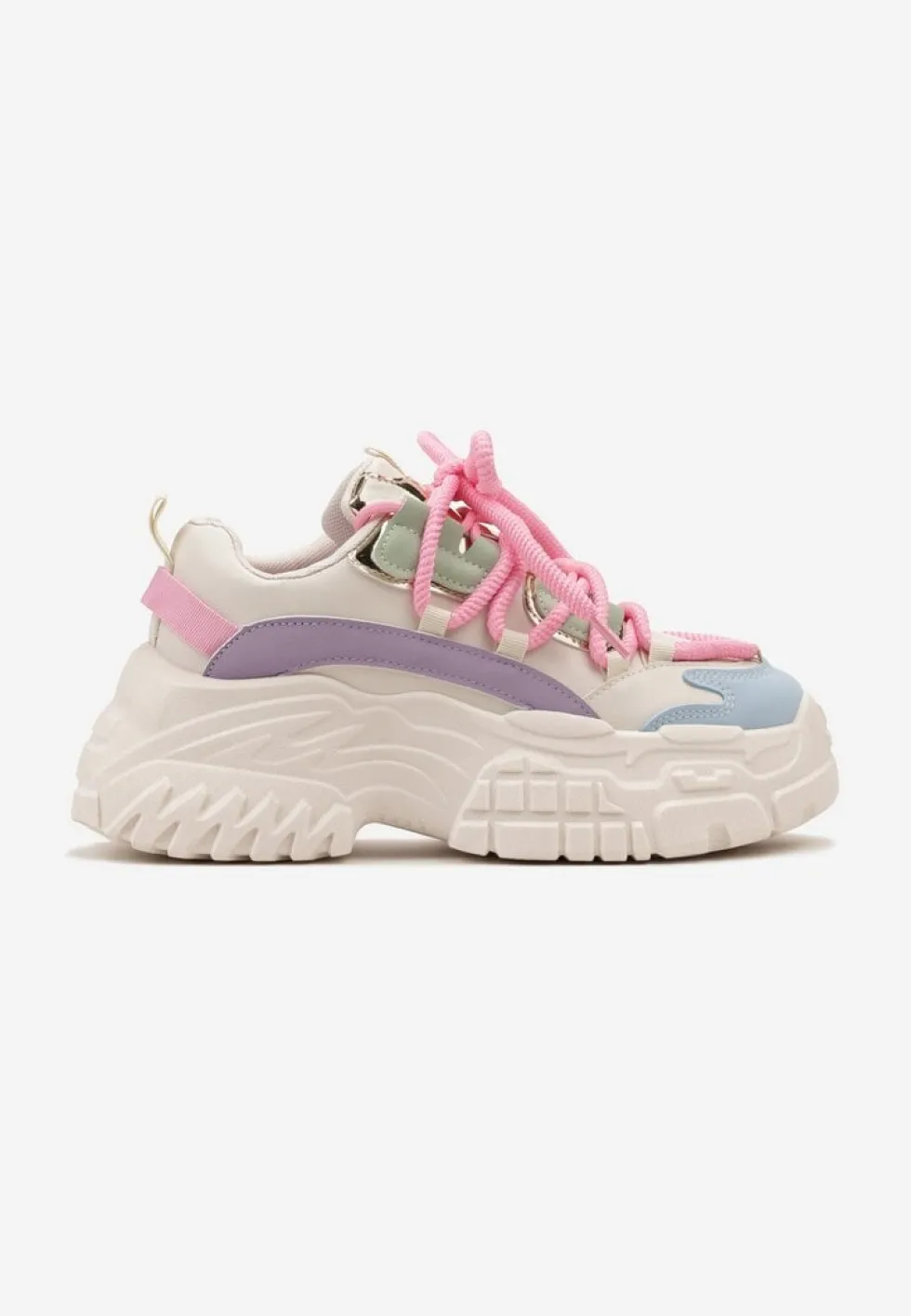 Biało-Różowe Sneakersy z Grubymi Sznurówkami na Niskiej Platformie Lasandre