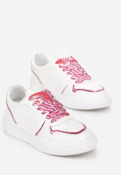 Biało-Różowe Sneakersy z Kolorowymi Sznurówkami i Metalicznymi Wstawkami Lania