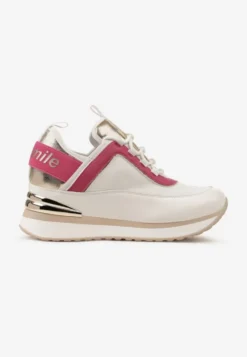 Biało-Różowe Sneakersy z Metaliczną Wstawką i Ozdobnym Napisem na Ukrytym Koturnie Alivewna