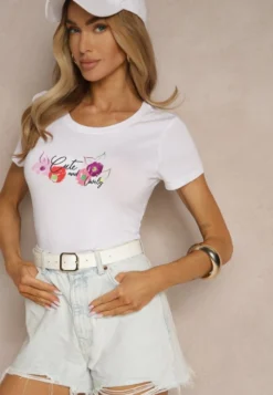 Biało-Różowy Bawełniany T-shirt z Nadrukiem Zarinelle
