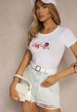 Biało-Różowy Bawełniany T-shirt z Nadrukiem Zarinelle