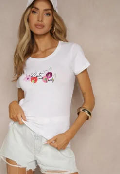 Biało-Różowy Bawełniany T-shirt z Nadrukiem Zarinelle