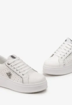 Biało-Srebrne Sneakersy na Grubej Podeszwie z Brokatowym Zdobieniem Pirola