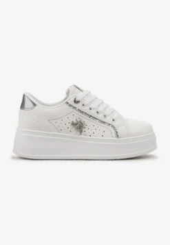 Biało-Srebrne Sneakersy na Grubej Podeszwie z Brokatowym Zdobieniem Pirola