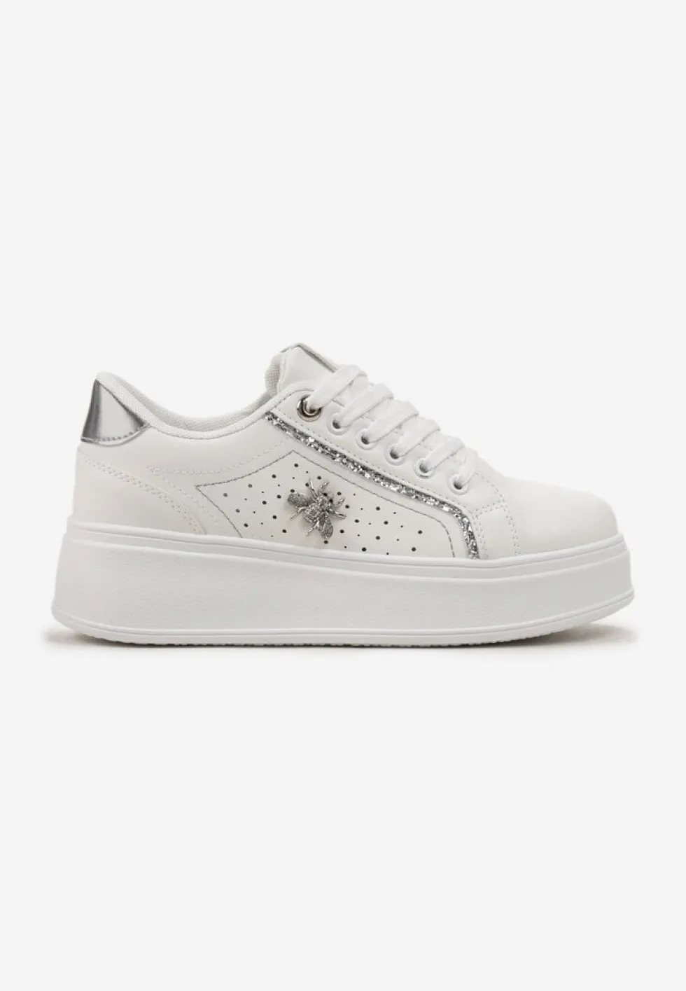 Biało-Srebrne Sneakersy na Grubej Podeszwie z Brokatowym Zdobieniem Pirola