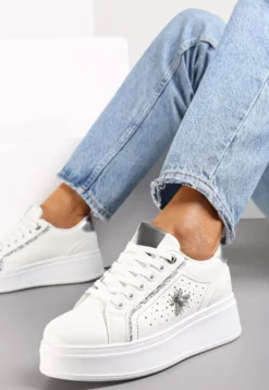 Biało-Srebrne Sneakersy na Grubej Podeszwie z Brokatowym Zdobieniem Pirola