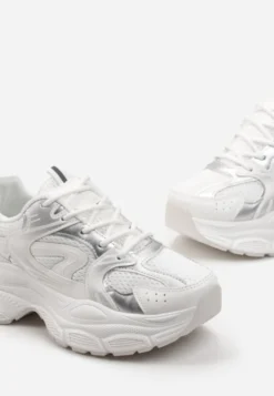 Biało-Srebrne Sneakersy na Masywnej Podeszwie z Siateczką Kubbia