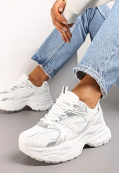 Biało-Srebrne Sneakersy na Masywnej Podeszwie z Siateczką Kubbia