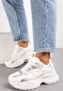 Biało-Srebrne Sneakersy na Masywnej Podeszwie z Siateczką Kubbia