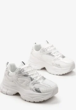 Biało-Srebrne Sneakersy na Masywnej Podeszwie z Siateczką Kubbia