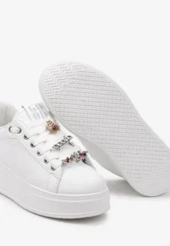 Biało-Srebrne Sneakersy na Platformie Ozdobione Odpinanymi Aplikacjami z Cyrkonii Neishi