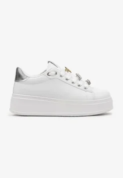 Biało-Srebrne Sneakersy na Platformie Ozdobione Odpinanymi Aplikacjami z Cyrkonii Neishi