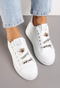 Biało-Srebrne Sneakersy na Platformie Ozdobione Odpinanymi Aplikacjami z Cyrkonii Neishi